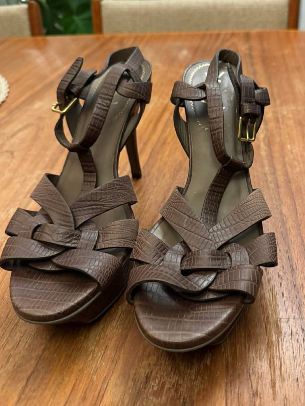 Saint Laurent tribute Brown Croc-Embossed Strappy High-Heel Sandals